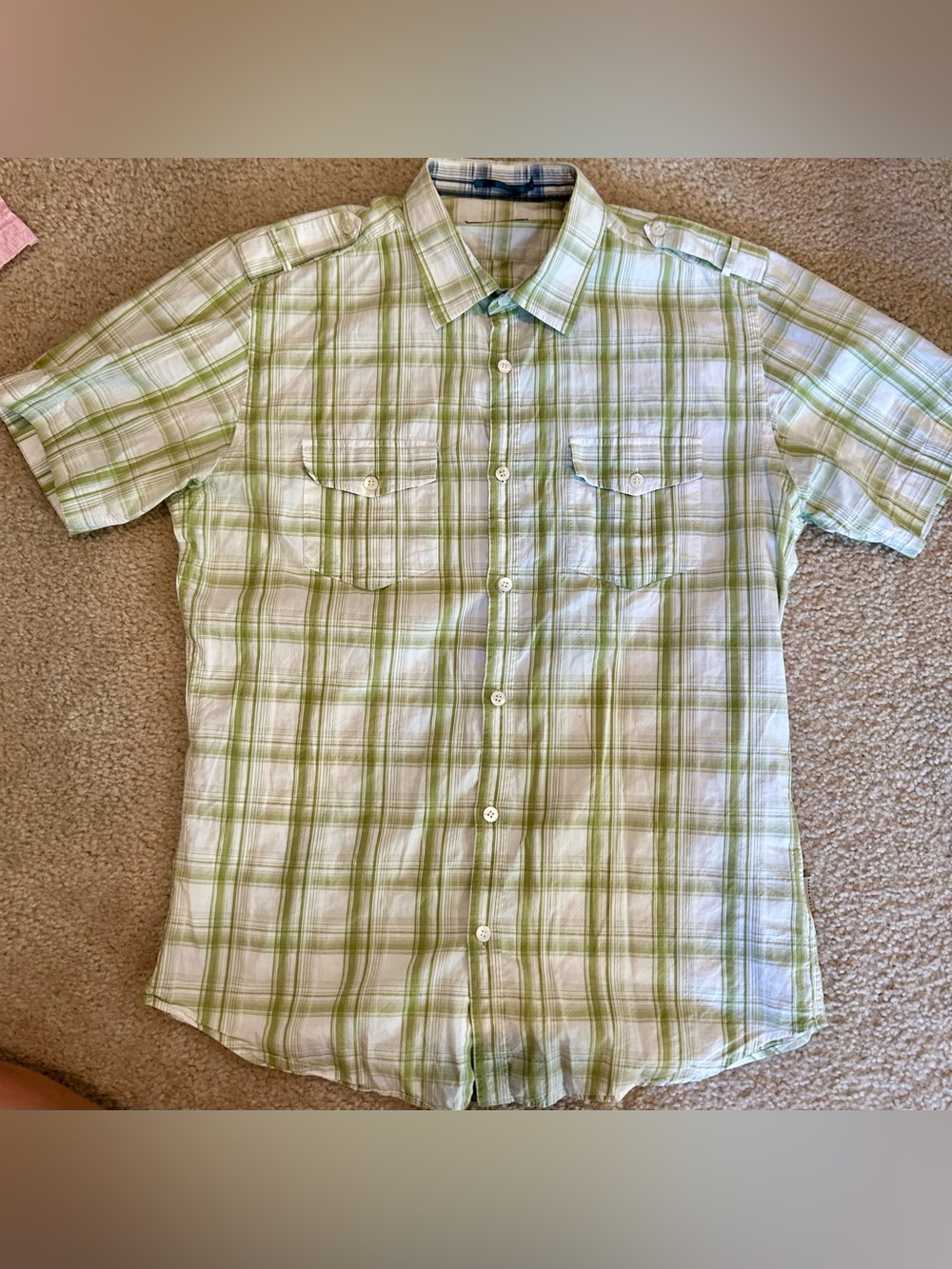 Ted Baker Light Green and White Plaid Short Sleeve Button-Down Shirt L